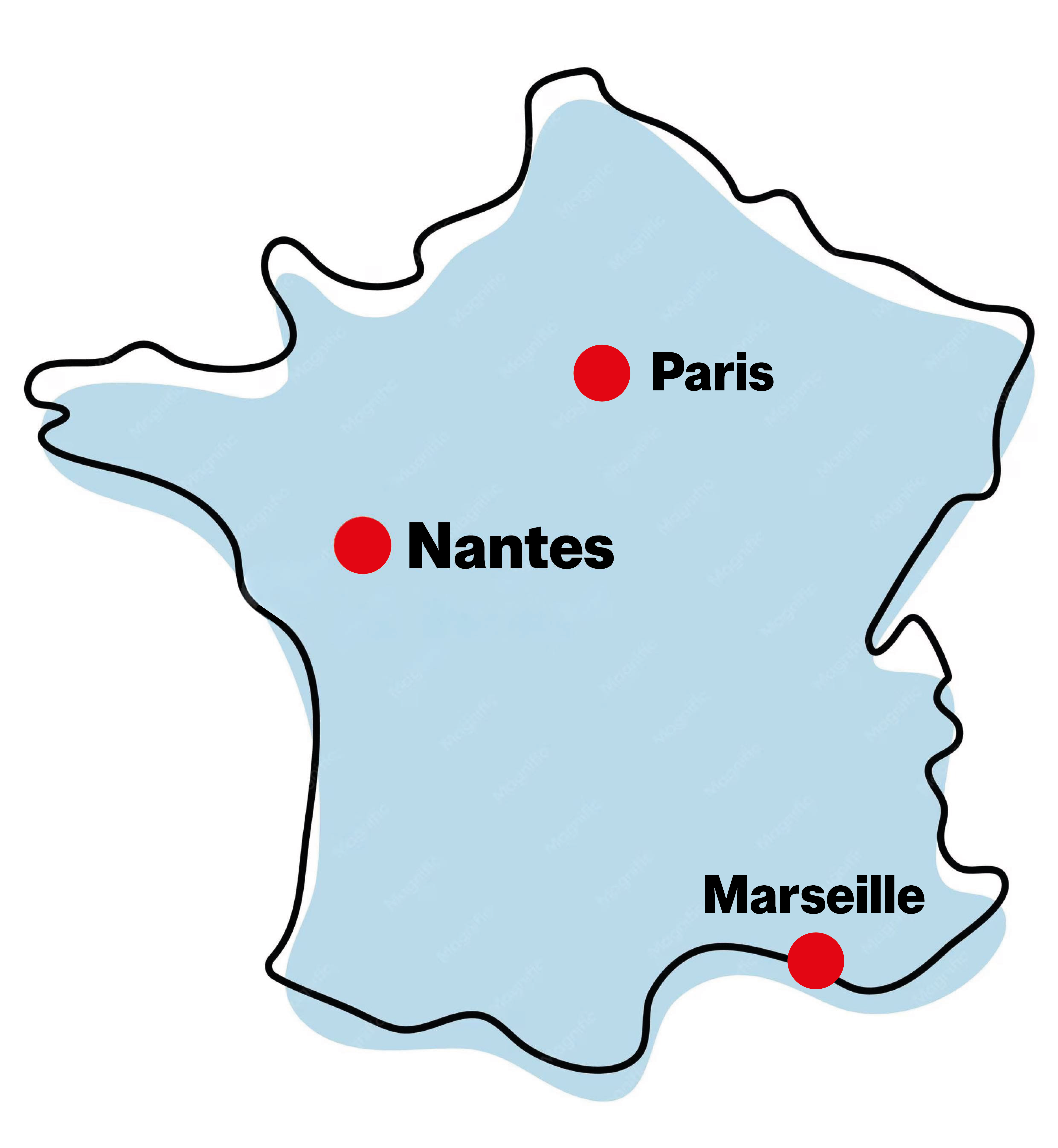 Carte de France — Nantes + Paris + Mareille